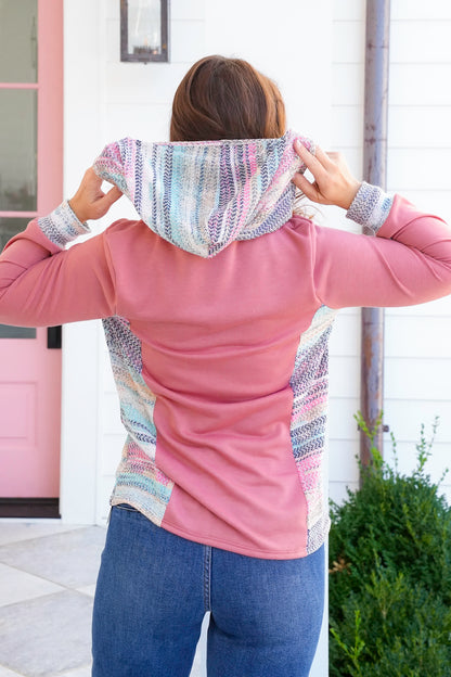 Plus/Reg Solid Long Sleeve Hoodie Top with Stripes