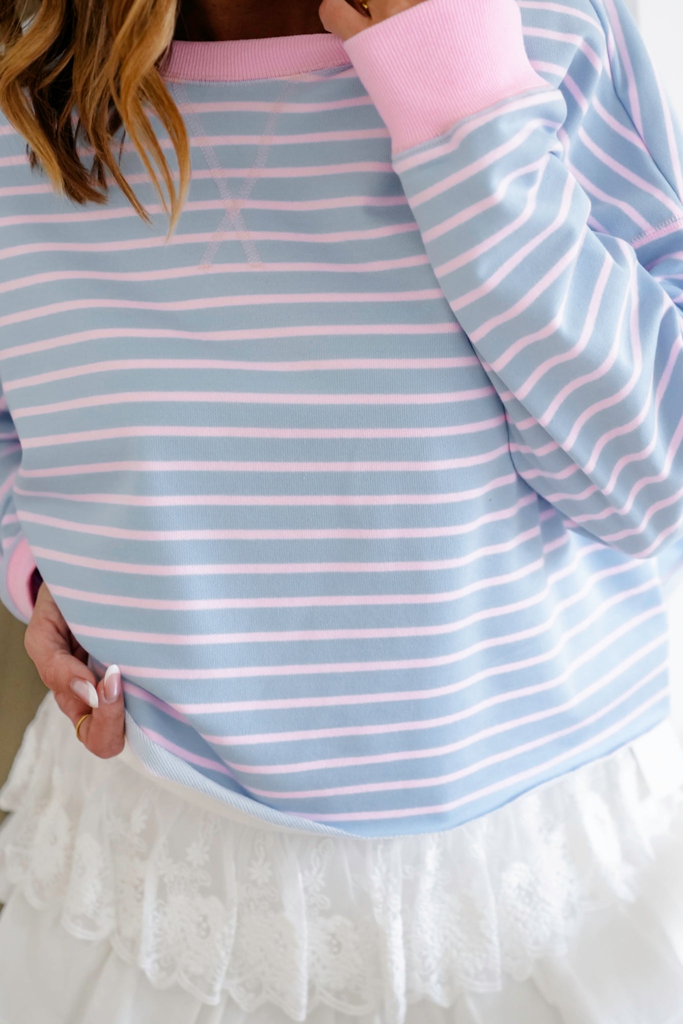 Stripe French Terry Long Sleeve Pullover Crop Top