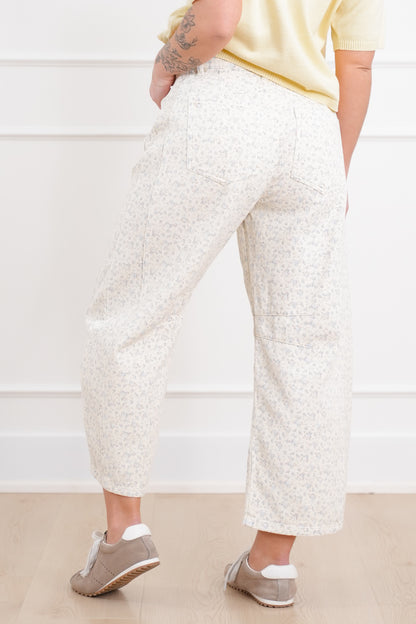 Plus/Reg Blue Floral Print Button Fly Barrel Pants
