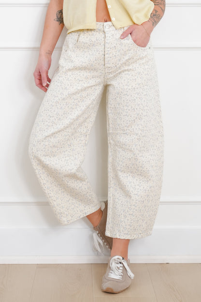 Plus/Reg Blue Floral Print Button Fly Barrel Pants