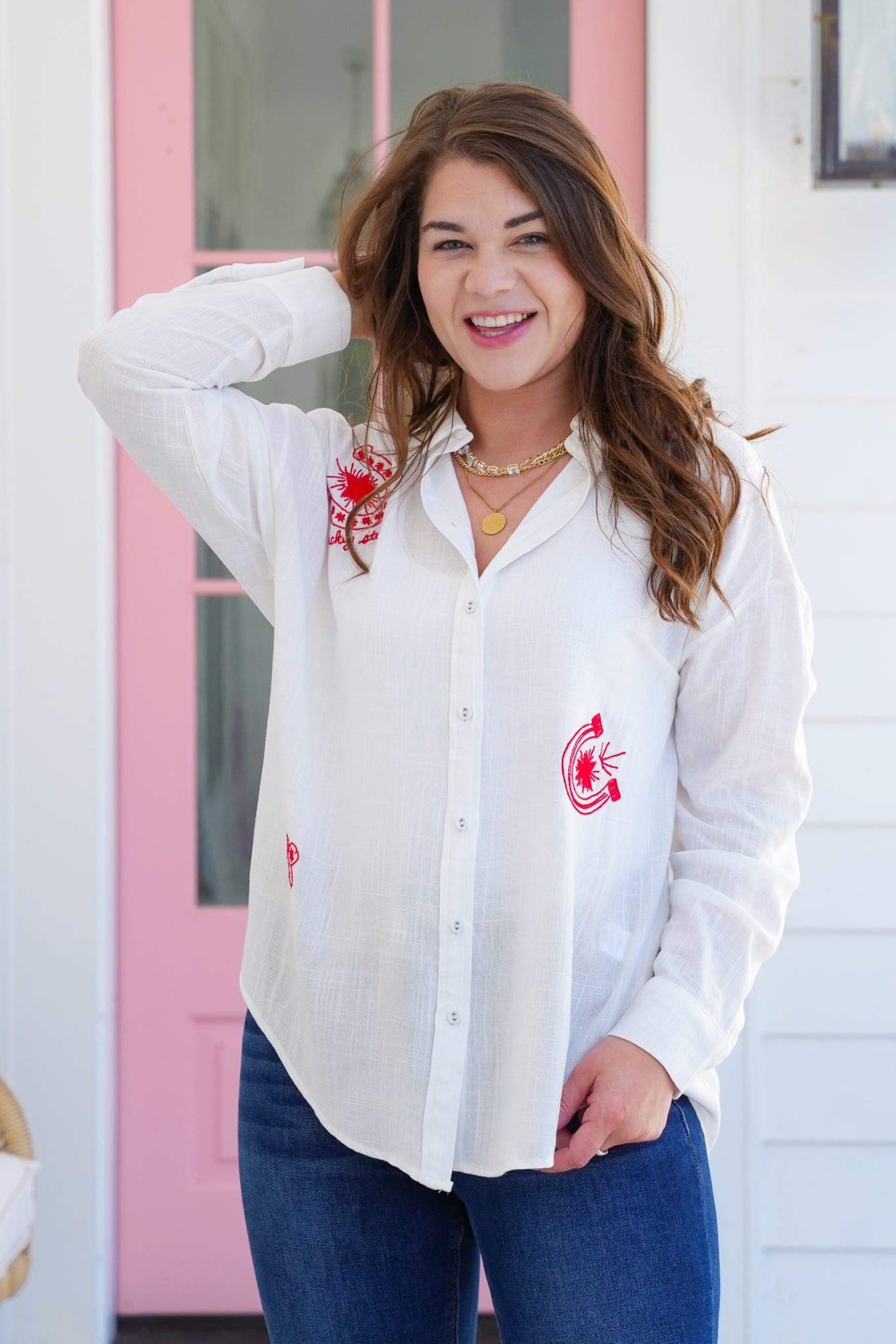 White Long Sleeve Button Down Top with Embroidery Detail