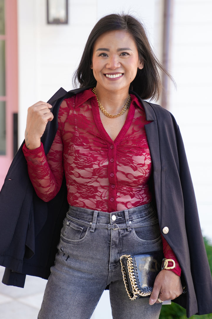 Lace Long Sleeve Button Up Mesh Top