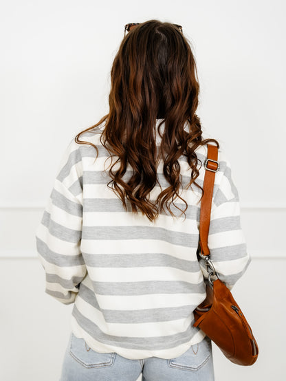 Stripe Long Sleeve Knit Top with Scalloped Detail
