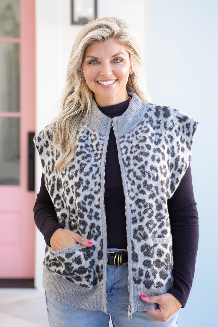 Leopard Zip-Up Sweater Vest