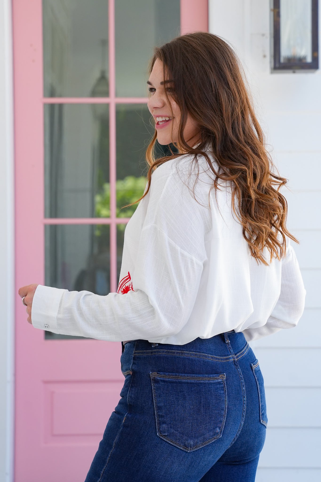 White Long Sleeve Button Down Top with Embroidery Detail