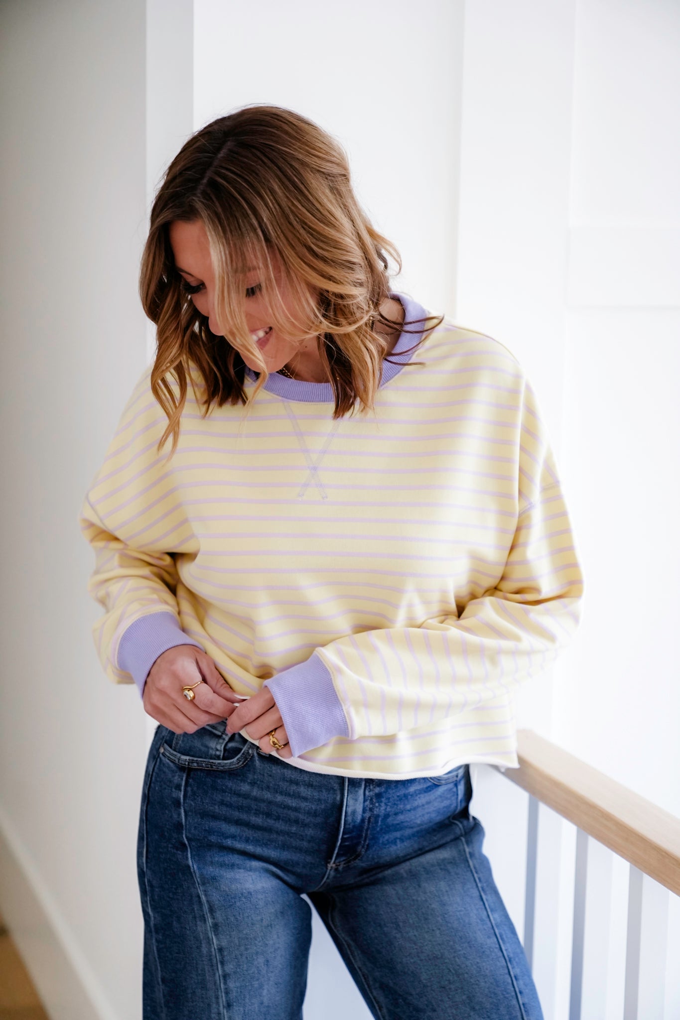 Stripe French Terry Long Sleeve Pullover Crop Top