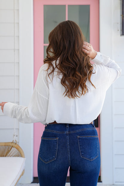 White Long Sleeve Button Down Top with Embroidery Detail