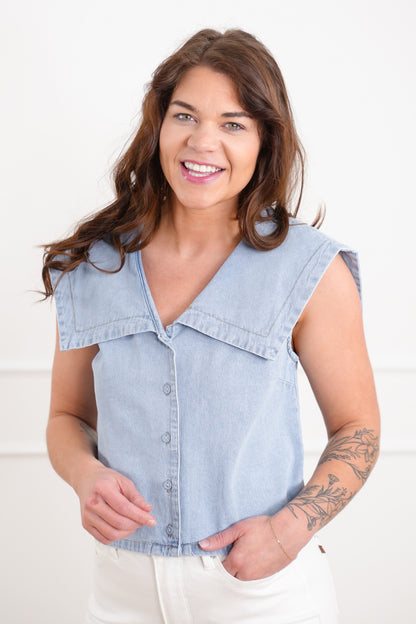 Plus/Reg Sleeveless Button Up Vest with Collar