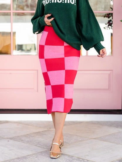 Plus/Reg Checkered Elastic Waist Pencil Sweater Skirt