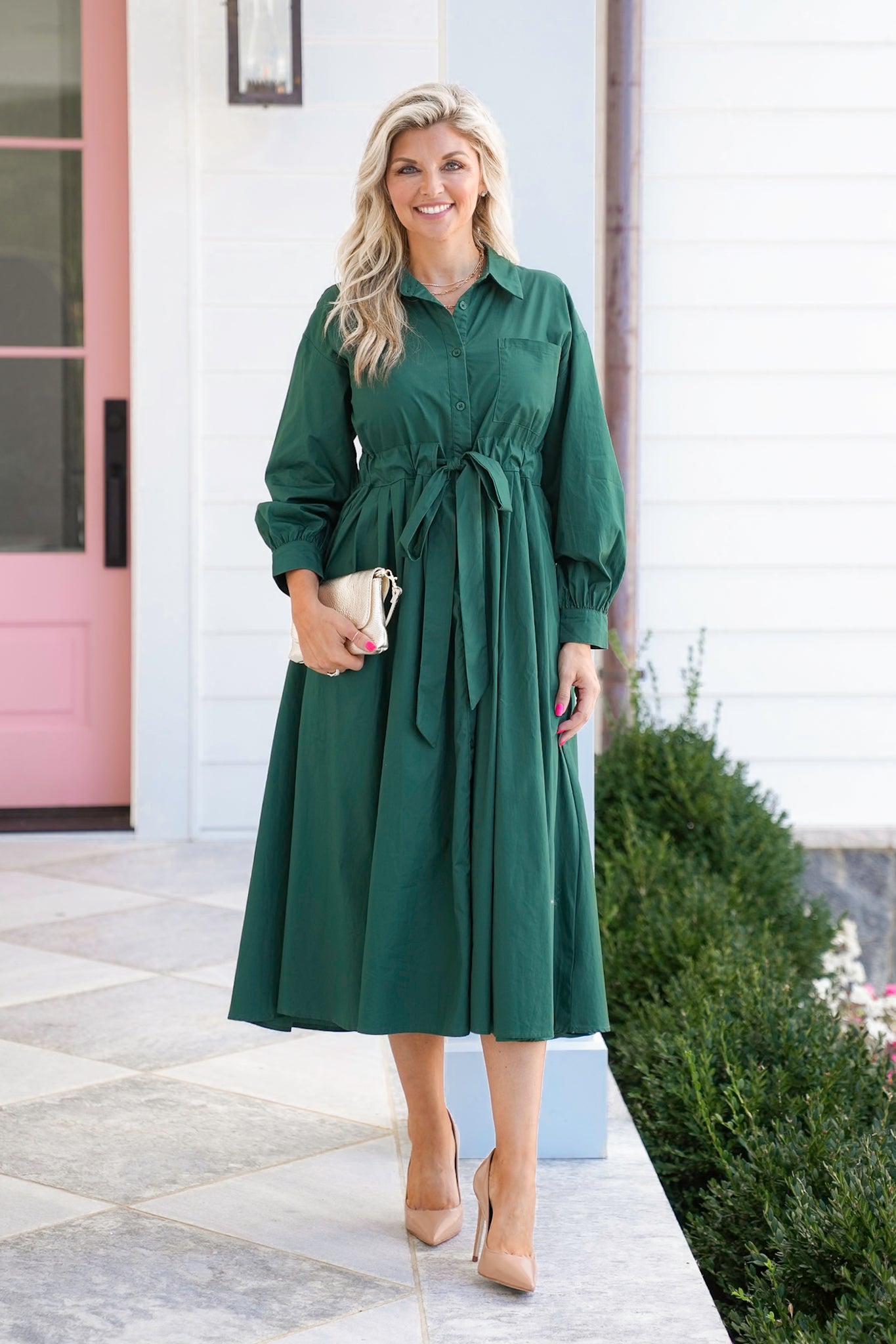 Long Sleeve Button Down Midi Dress with Front Pocket