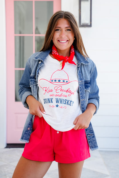 Short Sleeve "Kiss Cowboys and Drink Whiskey" Graphic Top