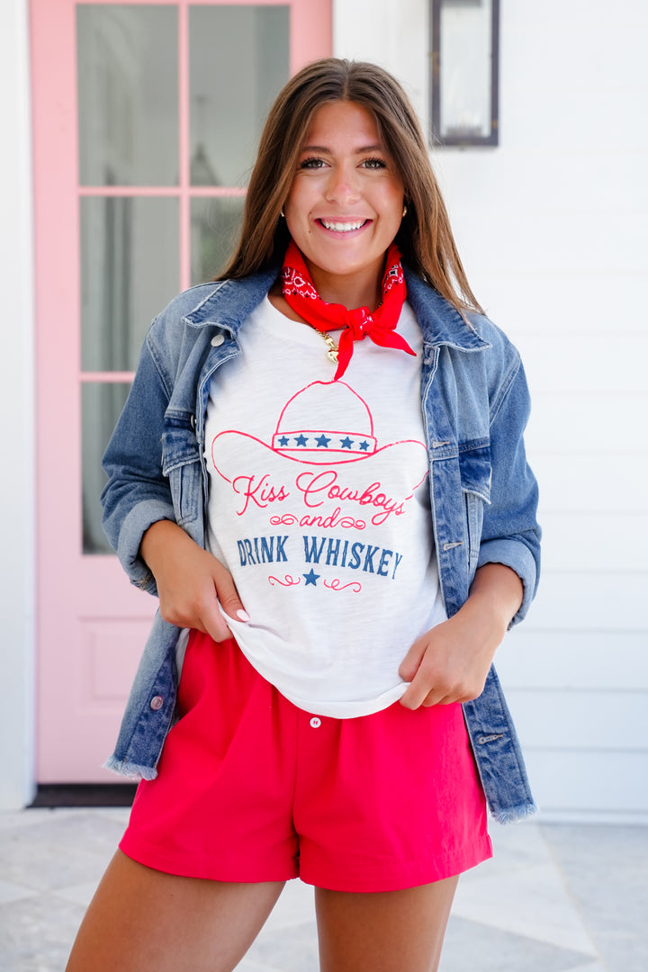 Short Sleeve "Kiss Cowboys and Drink Whiskey" Graphic Top