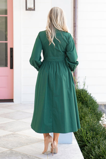 Long Sleeve Button Down Midi Dress with Front Pocket