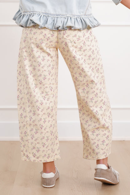 Plus/Reg Maroon Floral Print Button Fly Barrel Pants