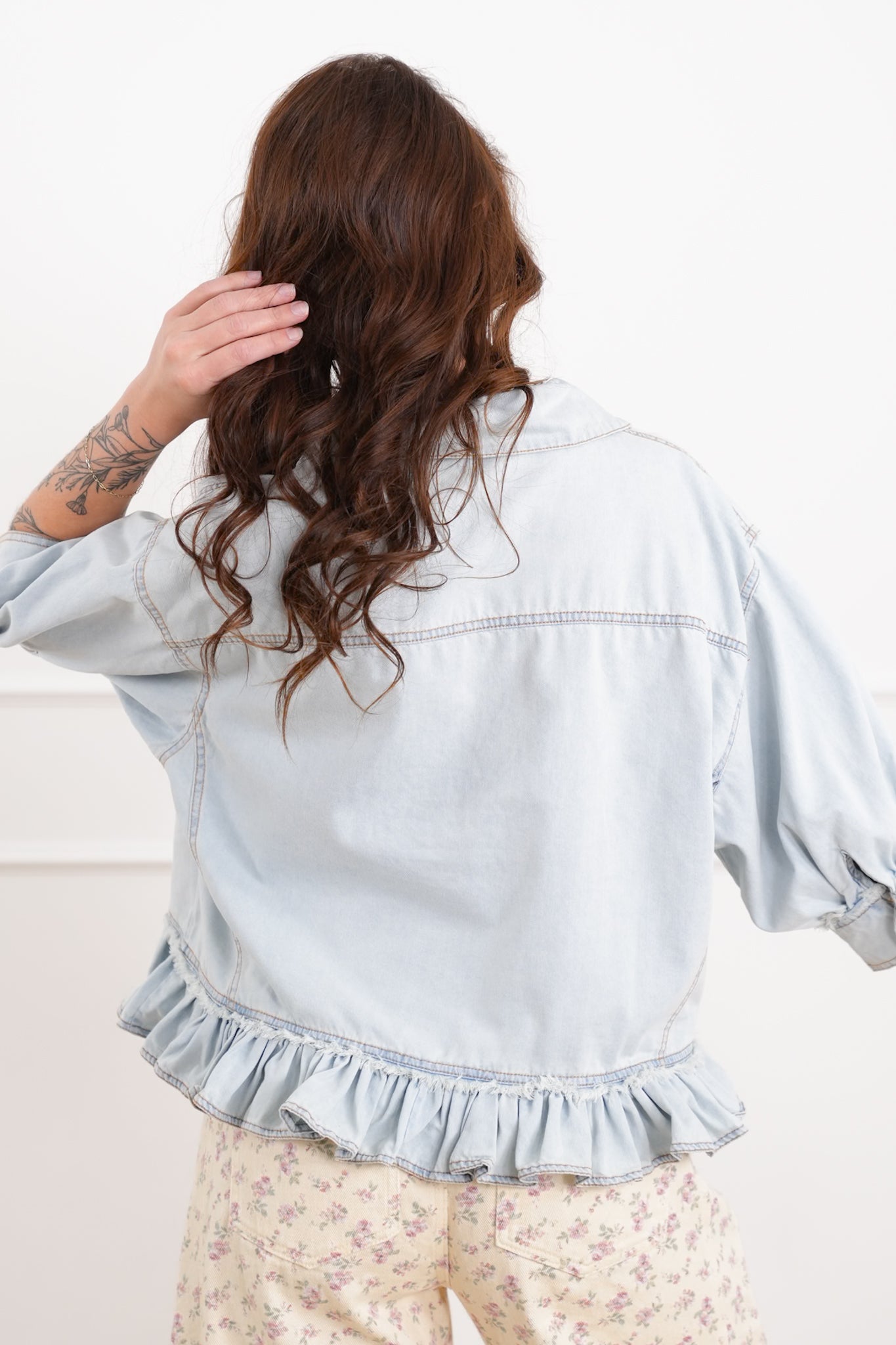 Light Wash Half Sleeve Button Down Ruffle Hem Top