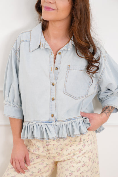 Light Wash Half Sleeve Button Down Ruffle Hem Top