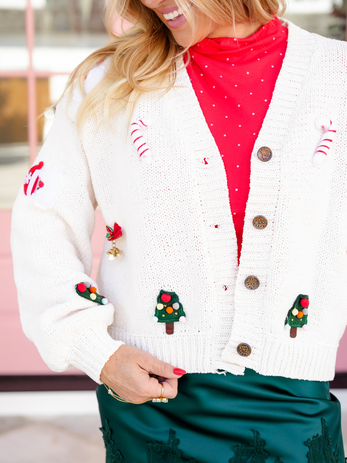 POL Long Sleeve Christmas Applique's Button Down Cardigan