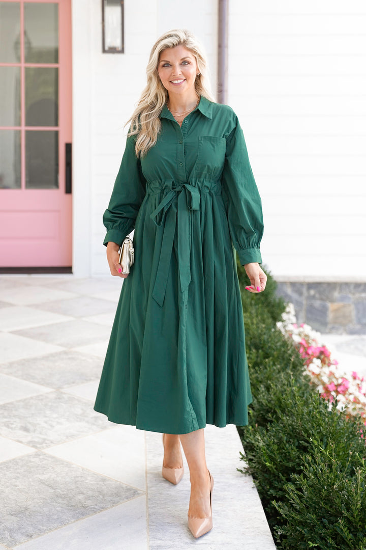 Long Sleeve Button Down Midi Dress with Front Pocket