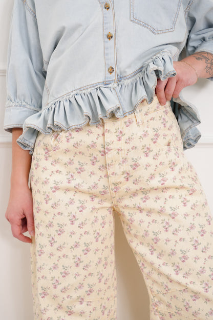 Plus/Reg Maroon Floral Print Button Fly Barrel Pants