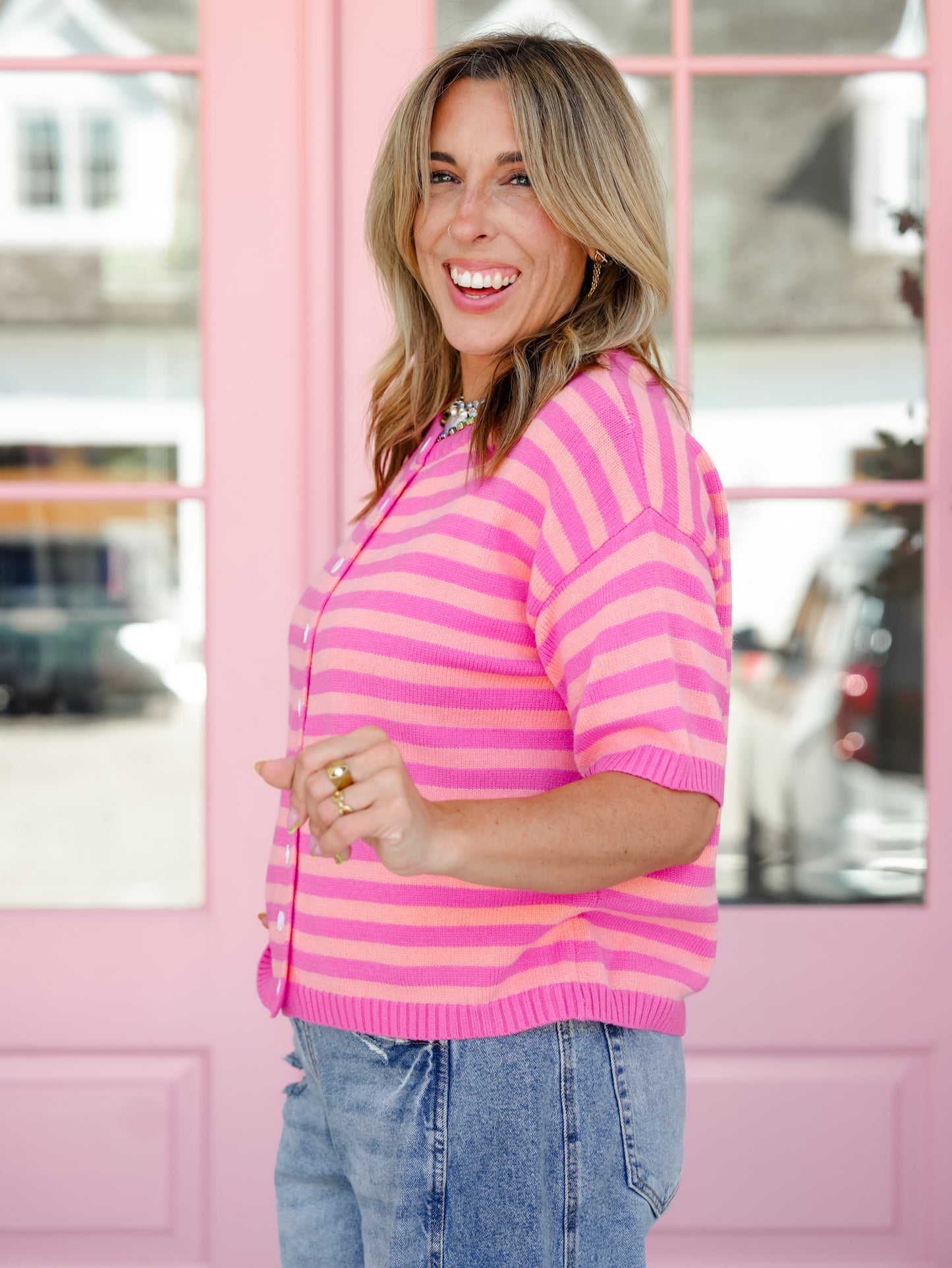 Stripe Short Sleeve Button Down Cardigan