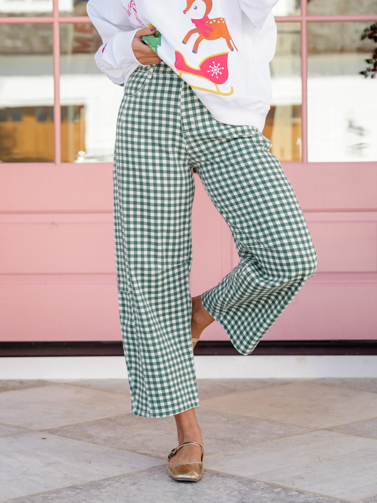 Hunter Green Gingham Print High Waist Barrel Pants