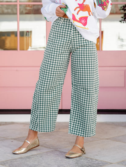 Hunter Green Gingham Print High Waist Barrel Pants