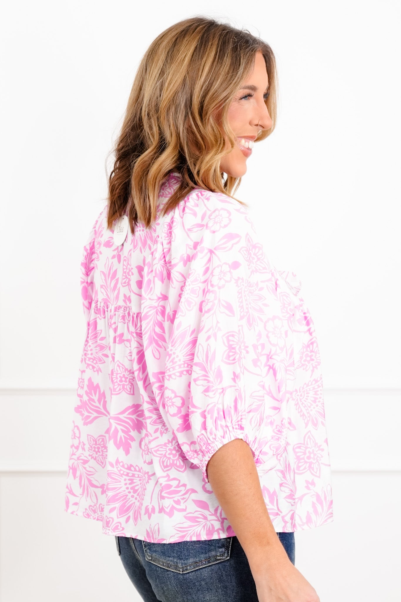 Plus/Reg Floral Print 3/4 Sleeve Front Tie Blouse