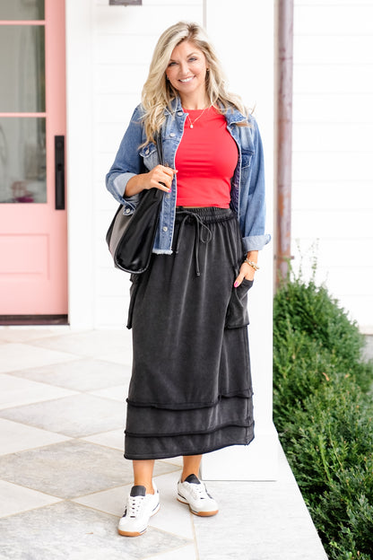 Plus/Reg Acid Wash Knit Skirt with Cargo Pockets