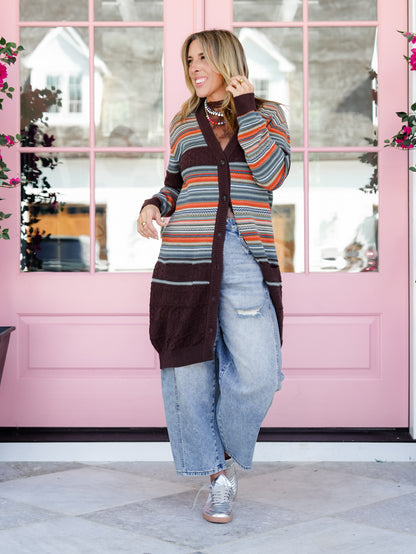 Plus/Reg Stripe Long Sleeve  Button Down Long Cardigan