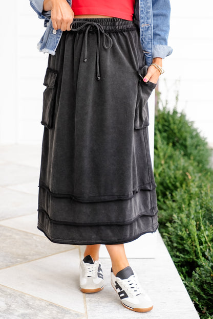 Plus/Reg Acid Wash Knit Skirt with Cargo Pockets