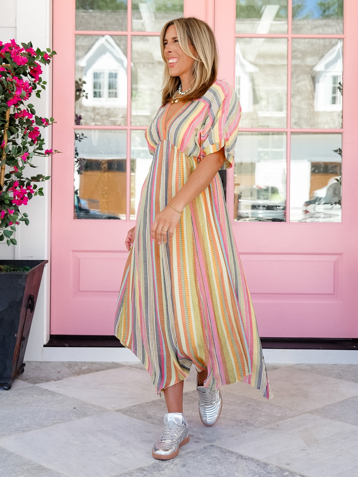 Multi Color Striped Half Sleeve V-Neck Midi Dress