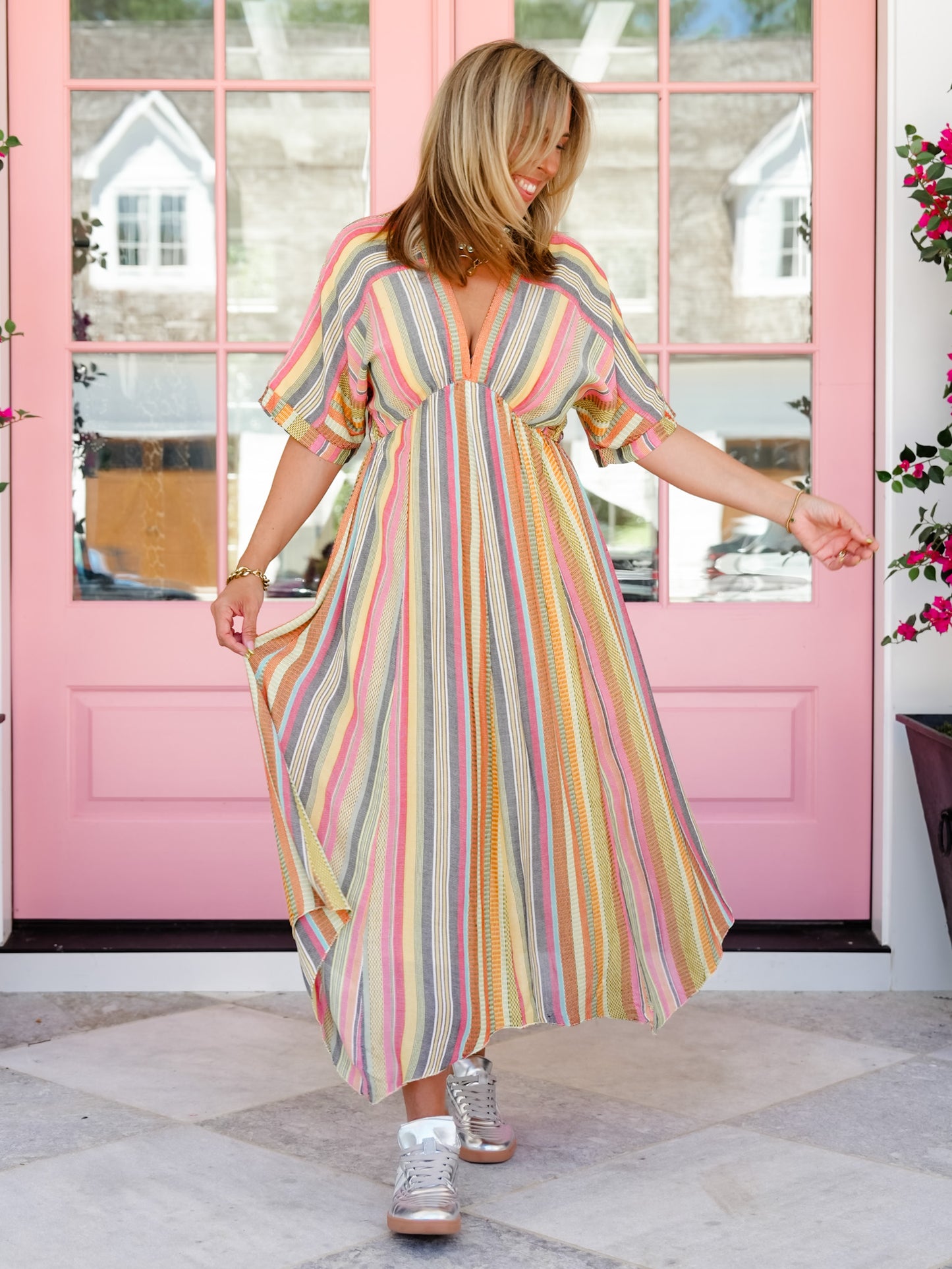 Multi Color Striped Half Sleeve V-Neck Midi Dress