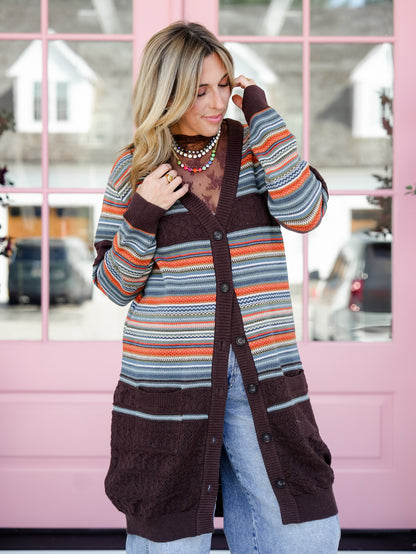 Plus/Reg Stripe Long Sleeve  Button Down Long Cardigan