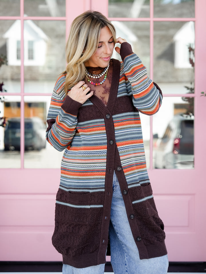 Plus/Reg Stripe Long Sleeve Button Down Long Cardigan - Freckled Poppy