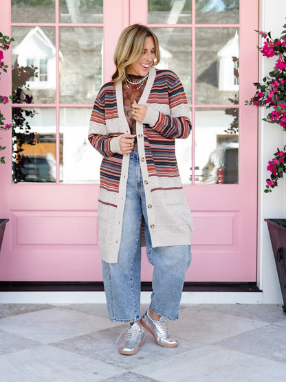 Plus/Reg Stripe Long Sleeve  Button Down Long Cardigan