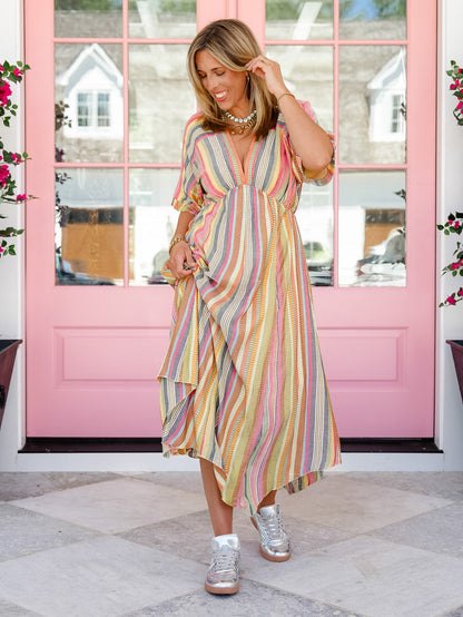 Multi Color Striped Half Sleeve V-Neck Midi Dress