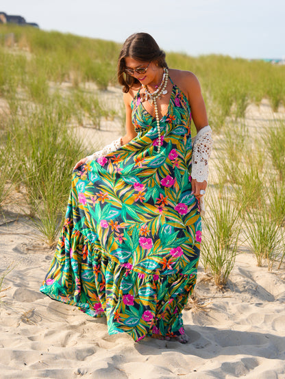 Tropical Print Sleeveless Halter Neck Maxi Dress