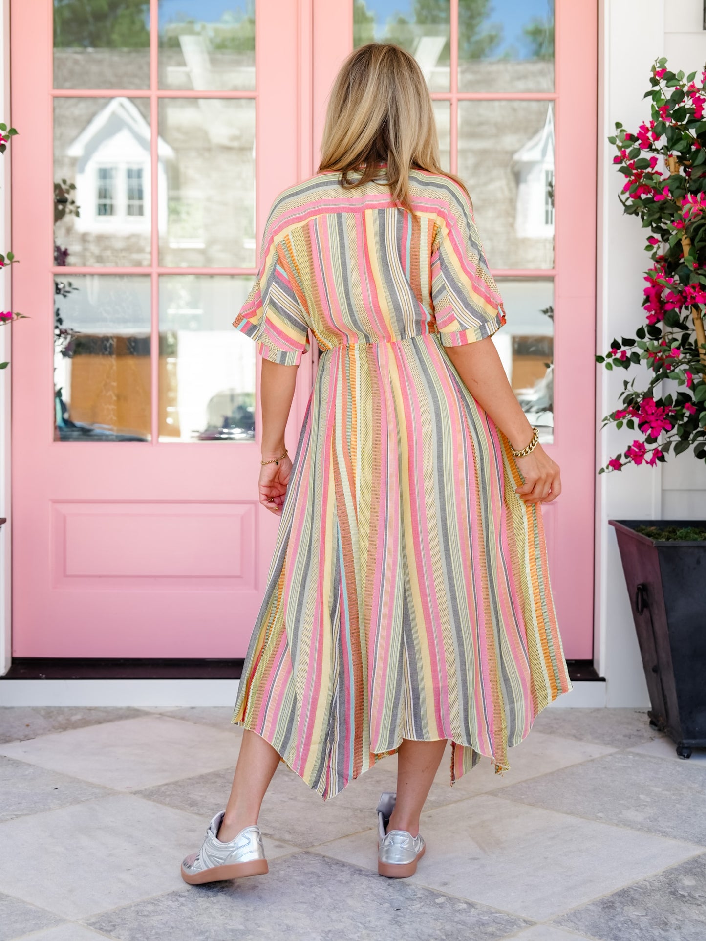Multi Color Striped Half Sleeve V-Neck Midi Dress