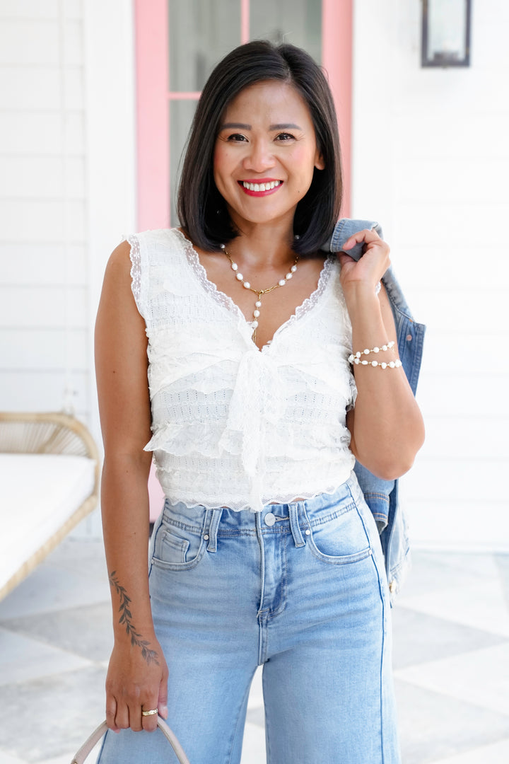 POL Cream Lace Sleeveless Crop Top