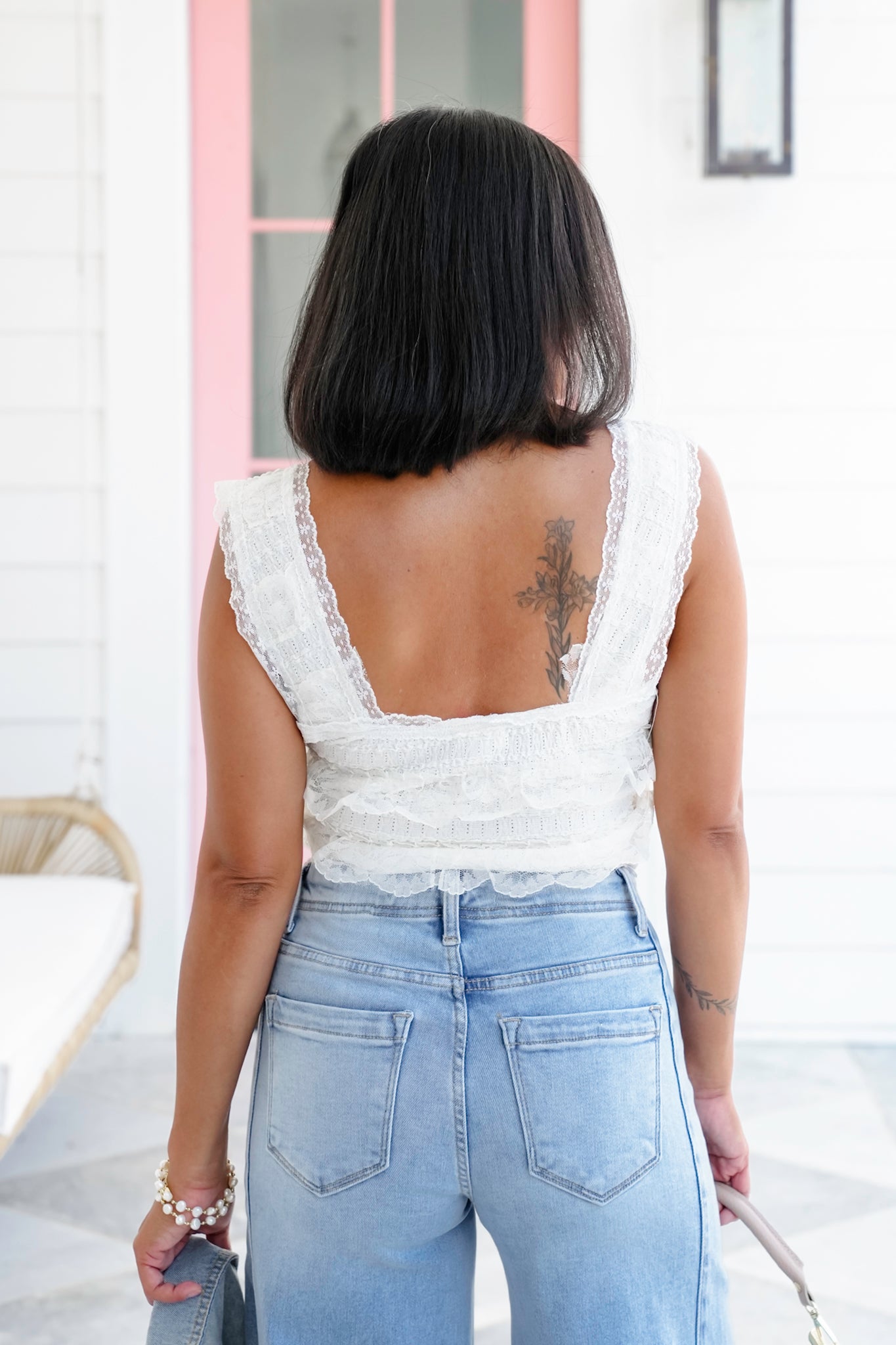 POL Cream Lace Sleeveless Crop Top