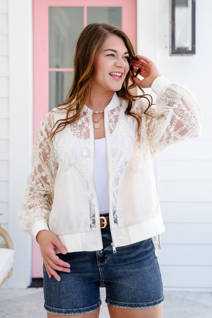Floral Lace Long Sleeve Zip Up Bomber Jacket