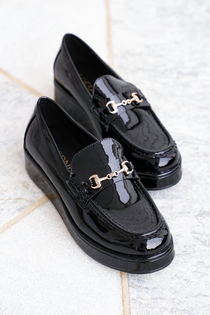 Glossy Chic Patent Platform Loafer with Gold Accent
