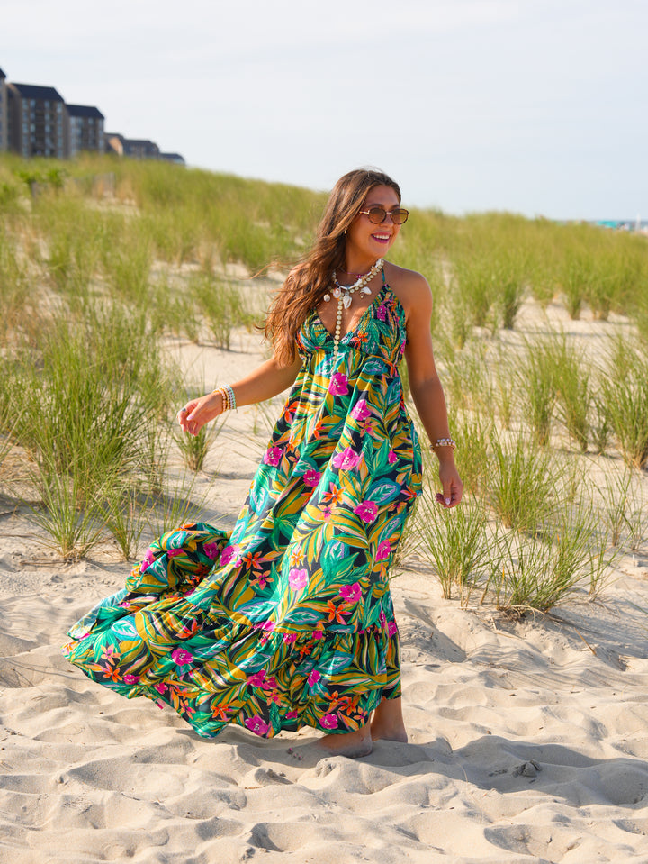 Tropical Print Sleeveless Halter Neck Maxi Dress