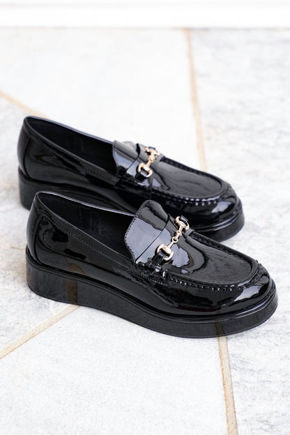 Glossy Chic Patent Platform Loafer with Gold Accent