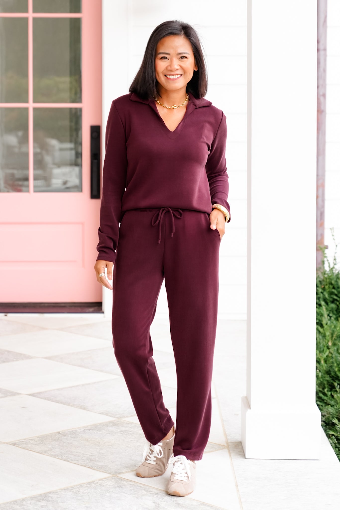 Solid Long Sleeve V Neck Polo Top