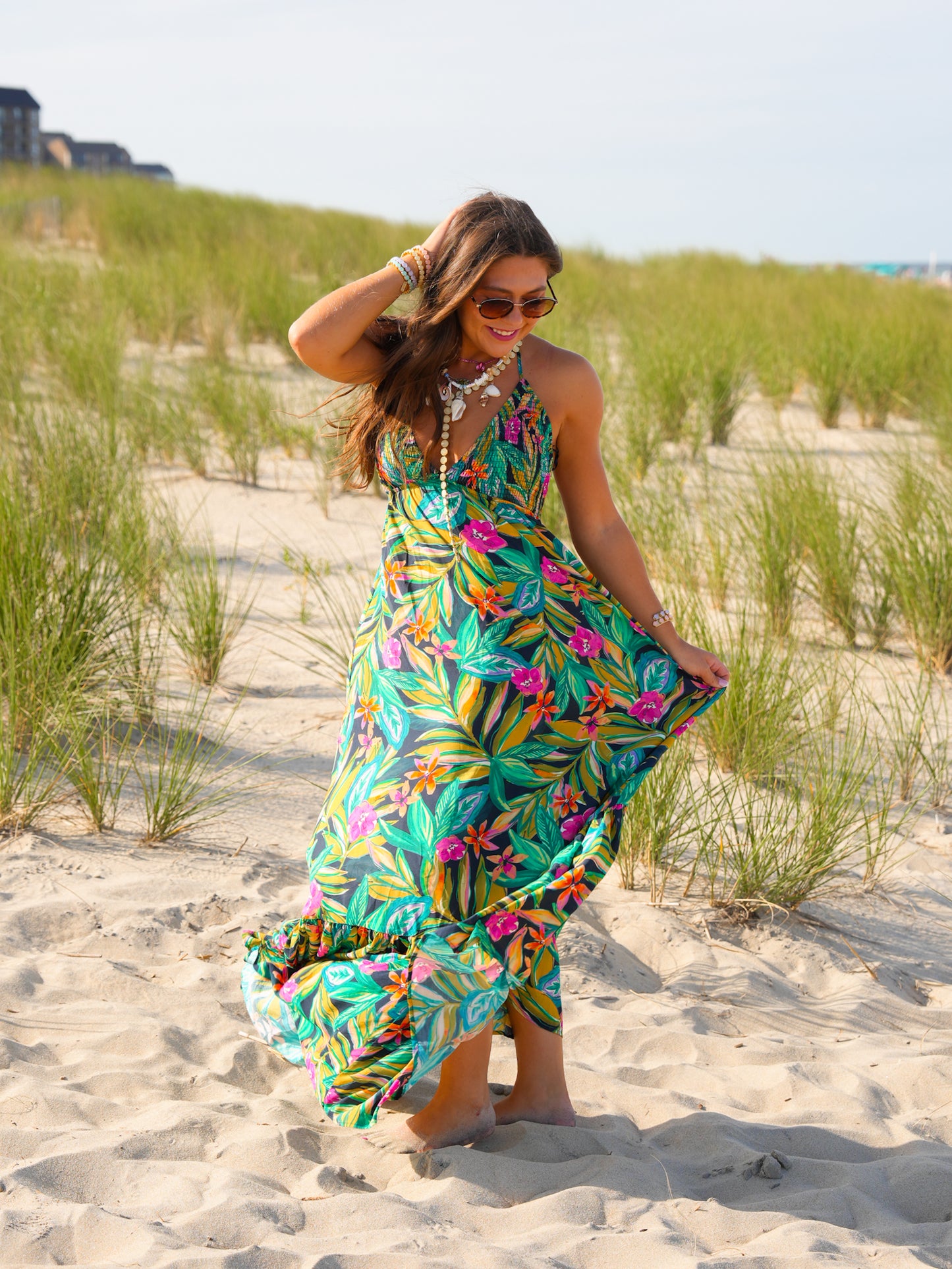 Tropical Print Sleeveless Halter Neck Maxi Dress