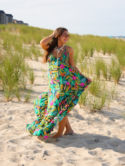 Tropical Print Sleeveless Halter Neck Maxi Dress