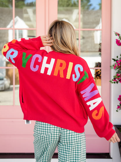 "Merry Christmas" Patchwork Long Sleeve Cardigan Sweater