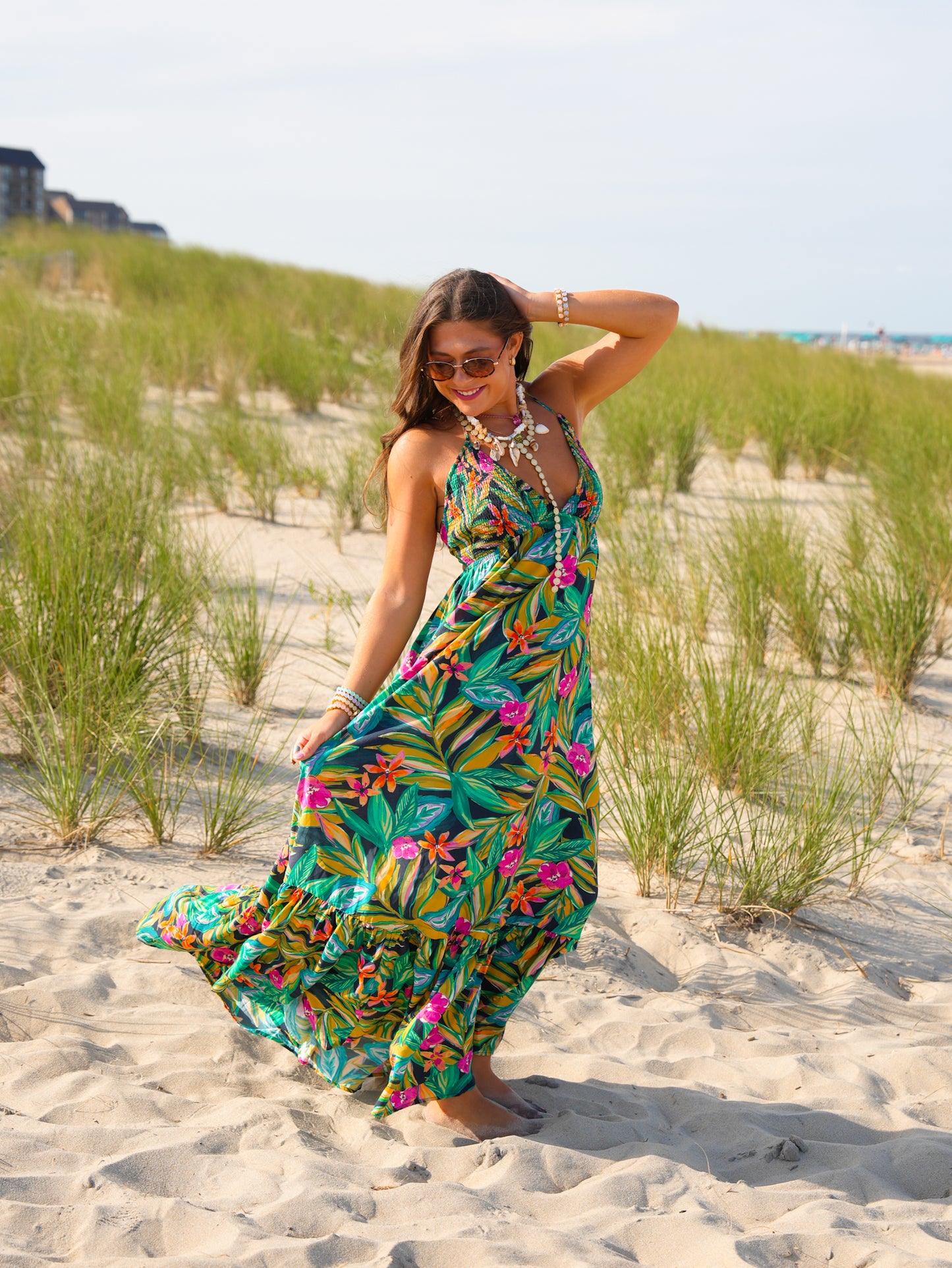 Tropical Print Sleeveless Halter Neck Maxi Dress
