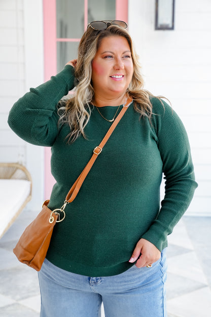 Mini Waffle Knit Long Sleeve Crew Neck Top